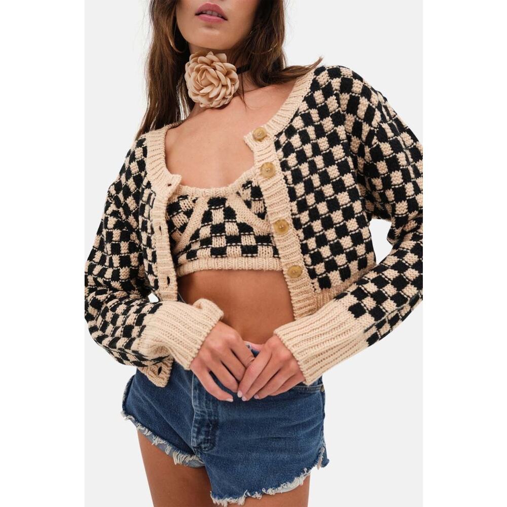 For Love And Lemons Black and Cream Checkered Cardigan